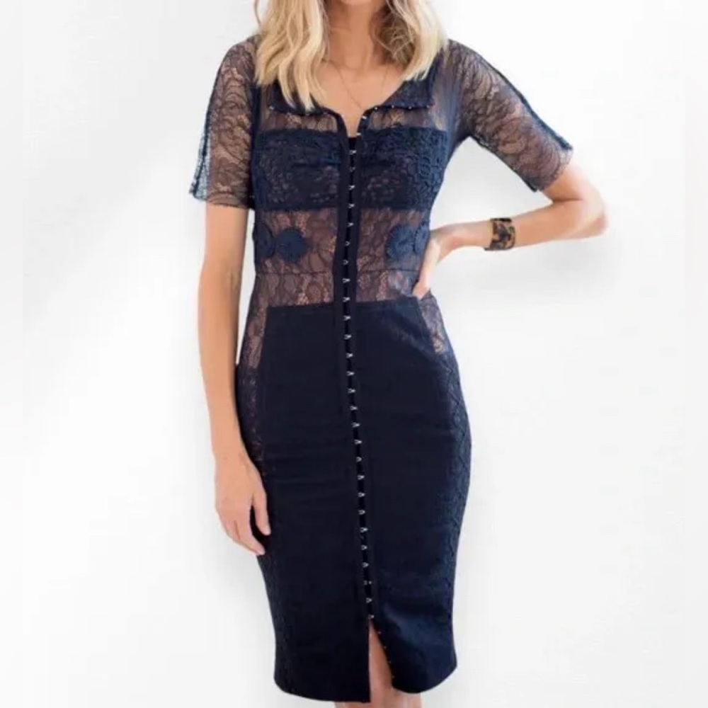 BEGUILE by BYRON LARS Navy Blue Carissima Lace Short Sleeve Sheath Dress 6 $258